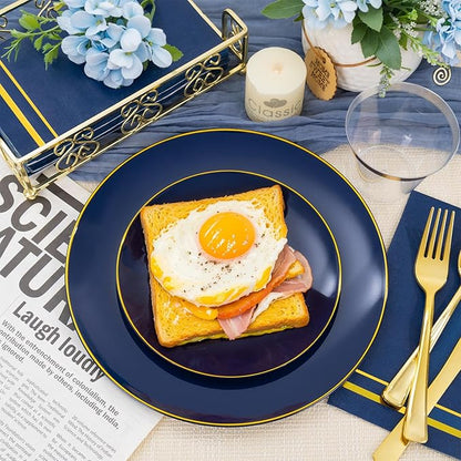 NOCCUR 350PCS Navy Blue Plastic Plates - Blue Disposable Dinnerware Set for 50 Guests, 100 Dinner/Dessert Plates, 150 Gold Silverware, 50 Cups&50 Napkins for Party/Wedding/Hanukkah