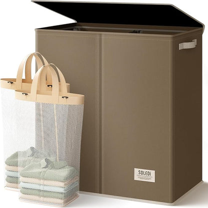 SOLEDI Large Double Laundry Hamper with Lid, Collapsible Clothes Hamper 2 section with Removable Bags, Space-Saving Laundry Basket for Bedroom, Dorm, College