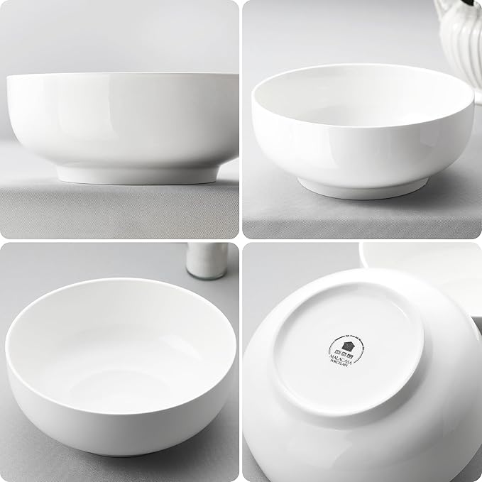 MALACASA Large Serving Bowls - 60 OZ (8") Salad Bowls Set of 2, White Mixing Bowls for Kitchen, Soup, Pasta and Dinner, Large Salad Bowls Set, Dishwasher & Oven Safe, Series REGULAR