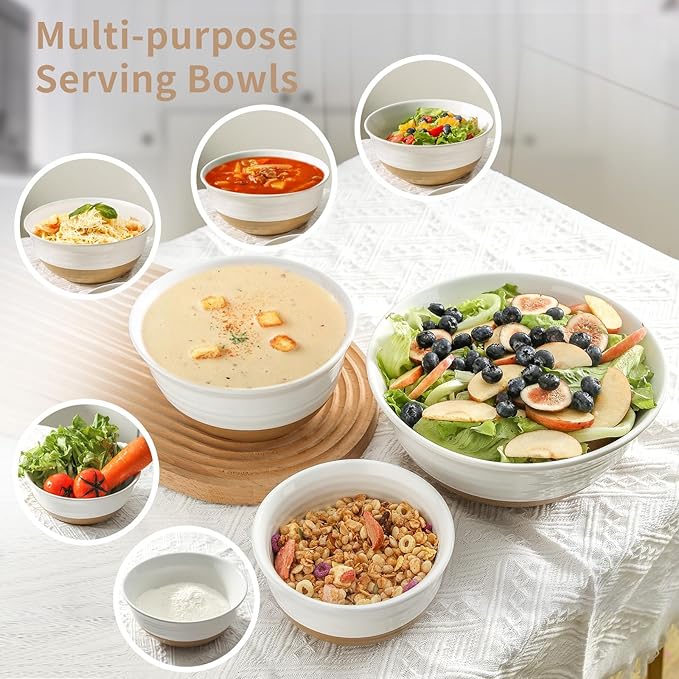 Ceramic Bowls Set, Large Mixing Bowls Set of 3 for Cooking, Baking, Prepping, Nesting, Stoneware Serving Bread Bowls for Kitchen, 2.1/1.0/0.5 Qt, Oven, Dishwasher, Microwave Safe, White
