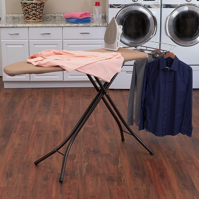 Household Essentials Mega Wide Top Ironing Board, 4-Legs, Steel Top Ironing Board with Fixed Iron Rest, FiberTech Cover and Fiber Pad, Scorch and Stain Resistant, Antique Bronze Frame