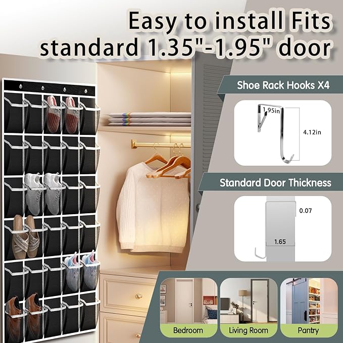 Over the Door Shoe Organizer with 30 Breathable Mesh Pockets - Large Capacity Closet Storage for Men & Women, Hanging Shoe Rack Organizer (Solid black)