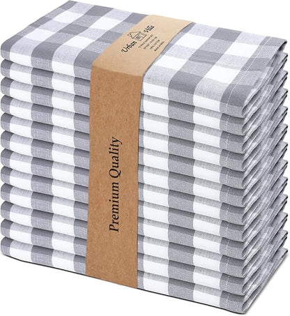 Urban Villa Cotton Dinner Napkins Set of 6, Highly Absorbent 20x20 Inches Premium Cloth Napkins Hotel Quality Reusable & Washable Table Dinner Napkins for Home & Weddings - Grey/White, Checks