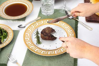Porcelain Dinnerware Set for 4-12 Piece Gorgeous Dish Set - Gold Greek Key Inspired Design - Kitchen Set for Everyday Dishes or Formal Occasions (Meander Gold 12DIN)