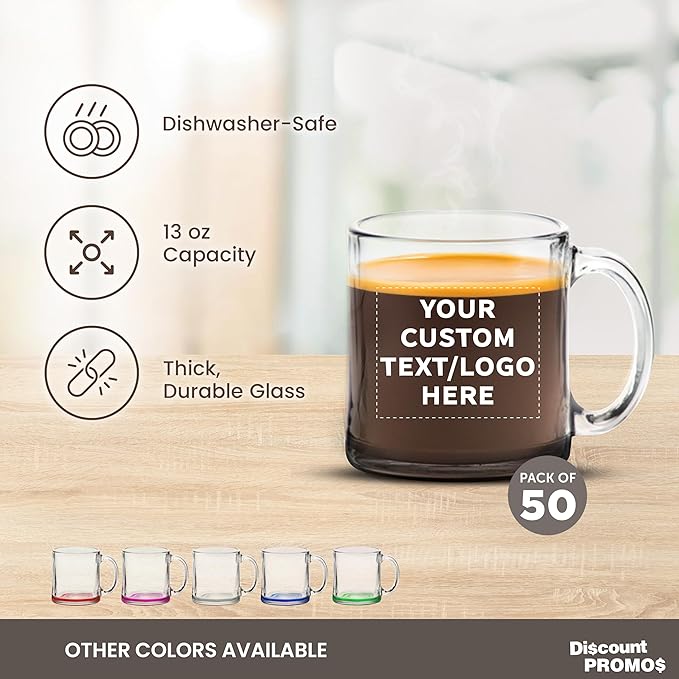Custom Libbey Clear Glass Coffee Mugs 13 oz. Set of 50, Personalized Bulk Pack - Perfect for Coffee, Tea, Espresso, Hot Cocoa, Other Beverages - Black Bottom