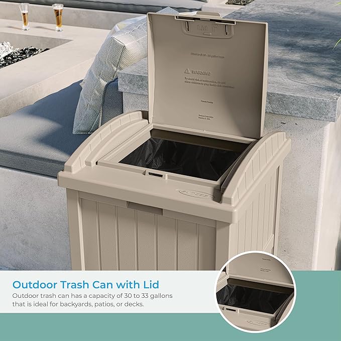 Suncast 33 Gallon Hideaway Trash Can for Patio - Resin Outdoor Trash with Lid - Use in Backyard, Deck, or Patio - Taupe