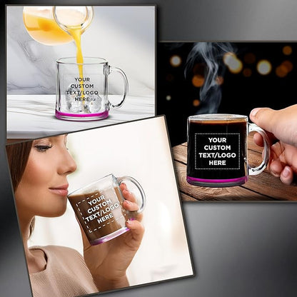 Custom Libbey Clear Glass Coffee Mugs 13 oz. Set of 10, Personalized Bulk Pack - Perfect for Coffee, Tea, Espresso, Hot Cocoa, Other Beverages - Pink Bottom