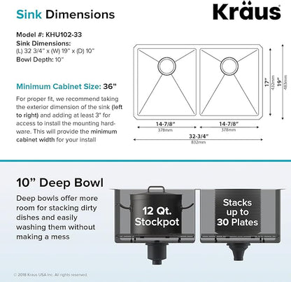 KRAUS Standart PRO™ 33-inch 16 Gauge Undermount 50/50 Double Bowl Stainless Steel Kitchen Sink with WasteGuard™ Continuous Feed Garbage Disposal, KHU102-33-100-75MB