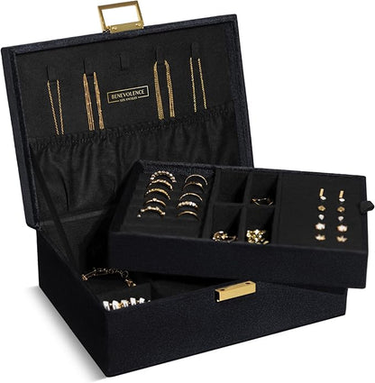 Benevolence LA 2 Layer Jewelry Box for Women, Large Velvet Jewelry Organizer with Decorative Lock, Removable Jewelry Tray, Earrings, Bracelets, Rings and Necklace Storage Box - Ebony