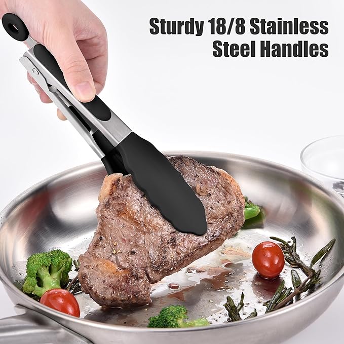 Doosu Kitchen Tongs for Cooking - 600°F Heat Resistant Food Tong with Non-Scratch Silicone Tips, Heavy Duty Stainless Steel Locking Tong for BBQ, Grilling Steak, Serving Salad, Pasta (7in, Black)