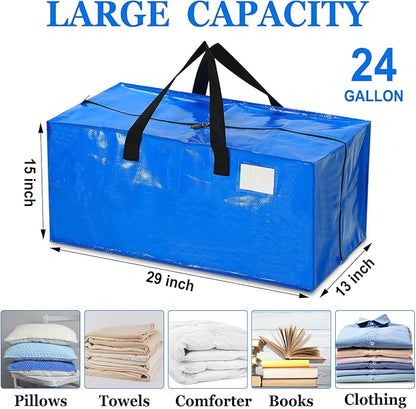 4 Pcs 24 Gallon Large Moving Bags with Zipper and Handles Foldable Storage Duffle Bags Heavy Duty Extra Large Totes for College Dorm Travel Clothes Blankets Bedding Moving (Blue)