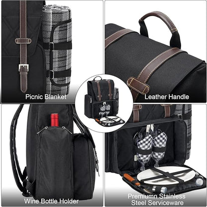 Picnic Backpack for 4 Person with Large Insulated Cooler Bag, Picnic Basket Set with Wine Pouch, Waterproof Picnic Blanket & Cutlery Set. Perfect for Beach, Camping, Party,Wedding Gift for Couple.