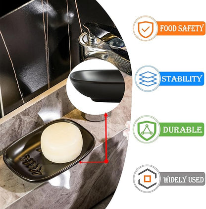 Soap Dish Soap Holder Shower, Ceramic Soap Dishes for Bar Soap Sponge, Shower Saver Tray for Bathroom Kitchen Sink, Raised Leaf Design, Black