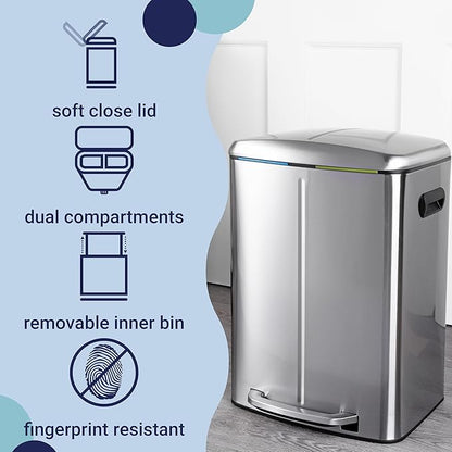 happimess HPM1005A Marco Rectangular 10.5-Gallon Double Bucket Trash Can with Soft-Close Lid, Modern, Minimalistic, Fingerprint Proof for Home, Kitchen, Laundry Room, Office, Stainless Steel