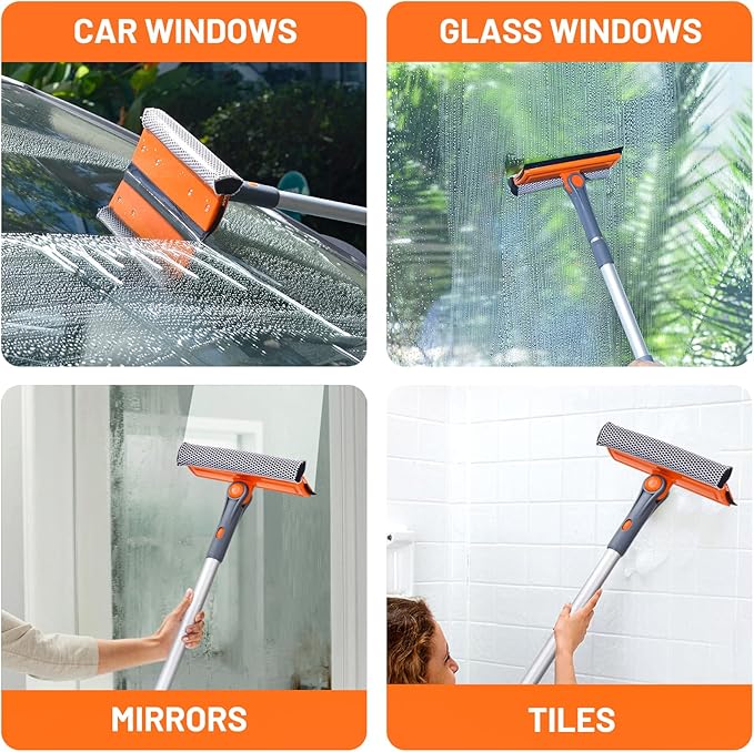 eazer Professional Window Squeegee, 2-in-1 Rotatable Squeegee for Window Cleaning Kit, Window Cleaner Tool, Window Washing Equipment Kit with Extension Pole (20''-30'') for Shower/Windshield - 2 Head