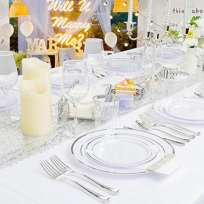 Supernal 400pcs Silver Plastic Dinnerware Set Heavy Duty Disposable Plates Include Silver Plastic Dessert Plates,50 Spoons & Knives & Cups & Napkins & 100 Forks,Prfect For Party and Wedding