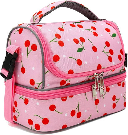 FlowFly Kids Double Decker Cooler Insulated Lunch Bag Large Tote for Boys, Girls, Men, Women, With Adjustable Strap, Cherry