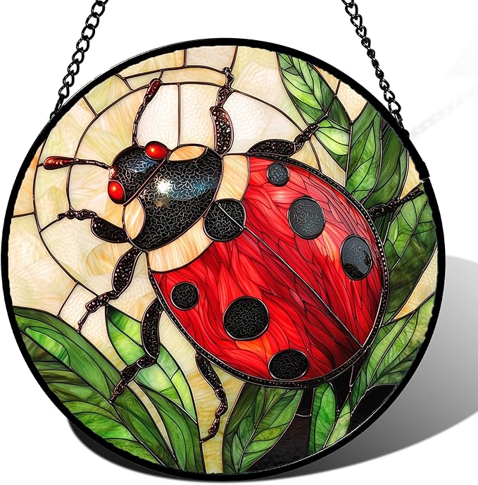 Stained Glass Window Hanging - Red Seven-Spotted Ladybug Sun Catcher for Door Home Decor Insect Suncatcher Christmas Mother's Day Birthday Gifts for Women Men Mom Nana 11.8 in