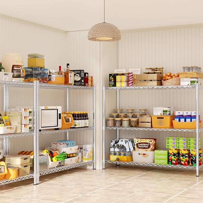 Storage Shelves, 2 PCS 48" L x 20" W x 47" H Heavy Duty Garage Wire Shelving Unit Loads 1200LBS, 3-Tier Adjustable Metal Industrial Utility Shelf Rack for Kitchen, Laundry Room, Basement