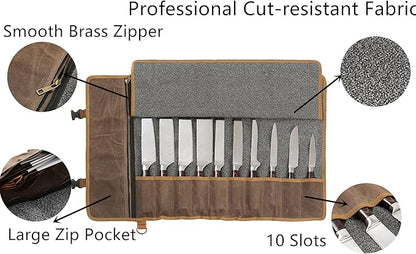 Denifiter Professional Chef's Knife Bag with Anti Cutting Fabric Inside, Heavy Duty 16oz Waxed Canvas Knife Roll, 11 Slots & Durable Handle Adjustable Shoulder Strap (Grey)