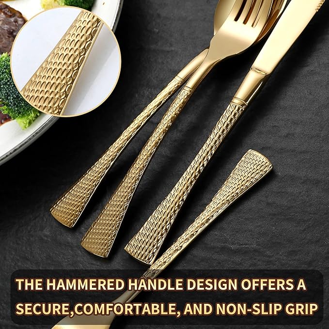 Lemeya Hammered Gold Silverware Set for 8,Stainless Steel 40-Piece Modern Cutlery Set,Mirror Polished Heavy Duty Flatware Set Utensil Set,Knives Spoons and Forks Set,Dishwasher Safe