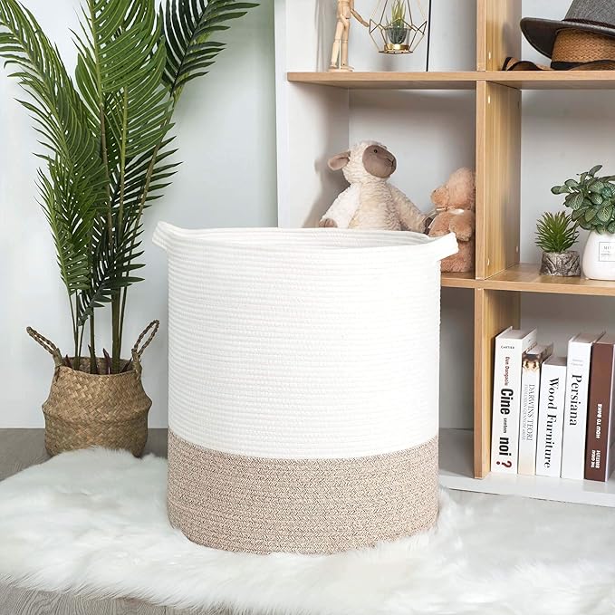 MINTWOOD Design 83L Extra Large 20x18 Inches Decorative Woven Cotton Rope Basket, Tall Laundry Basket Hamper, Blanket Basket for Living Room, Round Storage Baskets for Pillows, Towels, Light Brown