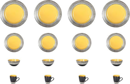 16 Piece Dinnerware Set, Ceramic Plates and Bowls Sets for 4, Microwave and Dishwasher Safe, Handcrafted Tree Bark Series Dish Set, Sunflower/Yellow