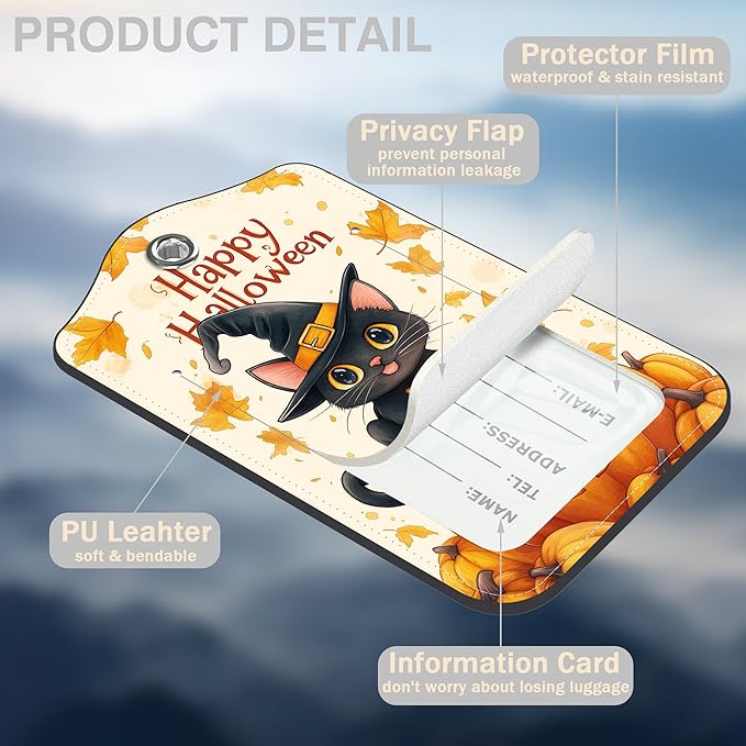 Halloween 2 Pack Luggage Tags for Suitcases Cute Black Cat on Pumpkin Leather Luggage Tags Privacy Cover ID Label with Stainless Steel Loop and Address Card for Women Men Travel Bag Backpack