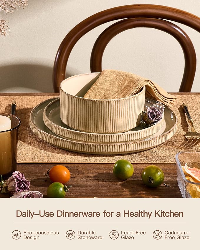 Dinnerware Set for 6, Ceramic Ribbed Plates, Dishes | 18-Piece Stoneware Dinner
