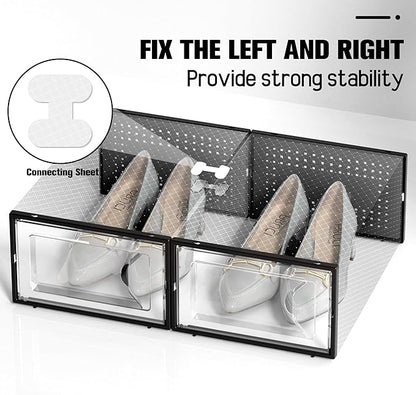 Kuject 15 Pack Shoe Storage Boxes, Clear Plastic Stackable Shoe Organizer for Closet, Connect Left and Right Shoe Boxes Case Container Bin for Entryway, Drop Front, Fit for Size 10(Black)