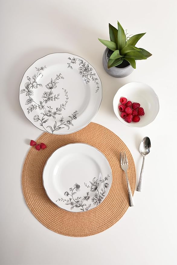 222 Fifth 12-Piece Porcelain Dinnerware Set for 4, White & Black Plates and Bowls Set, Glossy Ceramic Dish Set with Delicate Floral Design, Elegant Kitchen Dishes, Microwave & Dishwasher Safe, Bellamy