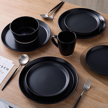 Stone Lain Jules Modern Stoneware 32-Piece Round Black Dinnerware Set, Plates and Bowls Sets, Dish Set for 8, Black