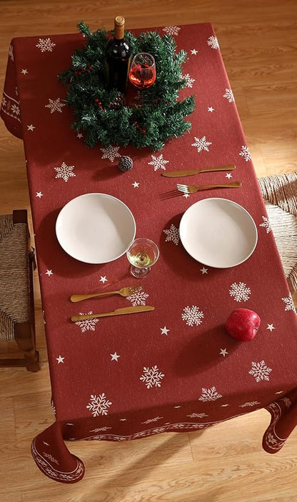 ISAENNE Designer Christmas Red Extra Long Rectangle Tablecloth,Linen Table Cloth with Snowflakes Pattern,Wrinkle Resistant Decor Tablecloths for Dining Kitchen Thanksgiving,67"*118"-Carol C