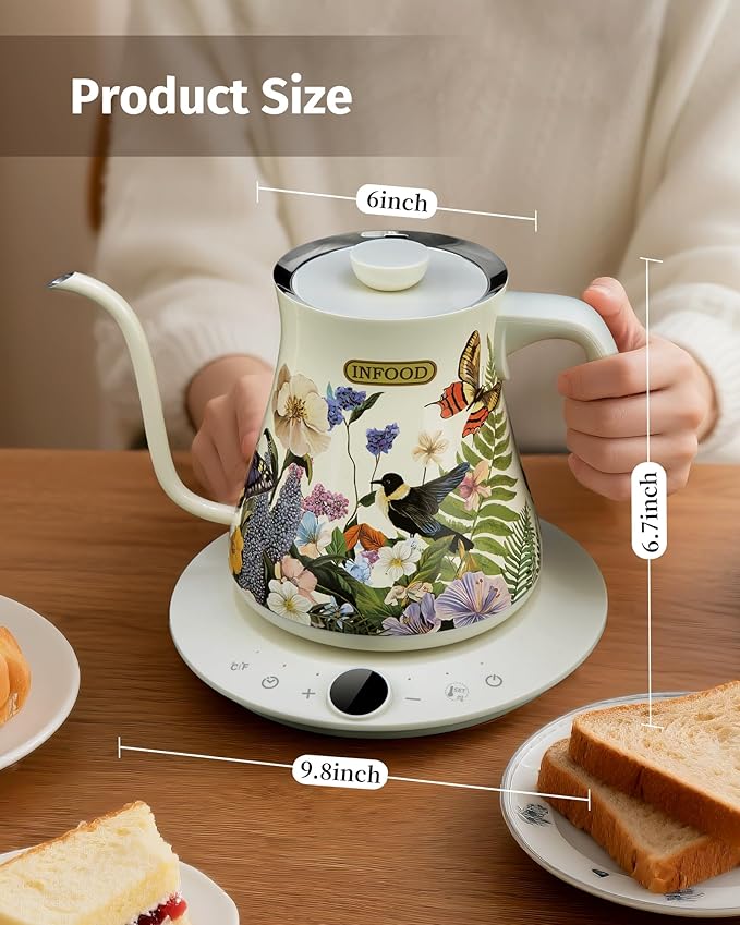 INFOOD 0.8L Gooseneck Electric Kettle, Precise Temperature Control for Pour Over Coffee & Tea, 1200W Fast Boiling Water, Auto Shut Off, Scheduling, Stainless Steel, Floral Painted Design