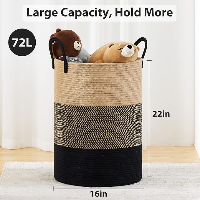 Fiona's magic 72L Large Woven Laundry Hamper, Tall Cotton Rope Storage Basket, Jute Baby Nursery Hamper for Blankets, Toys and Clothes in Bedroom and Living Room Organizing, Brown & Black