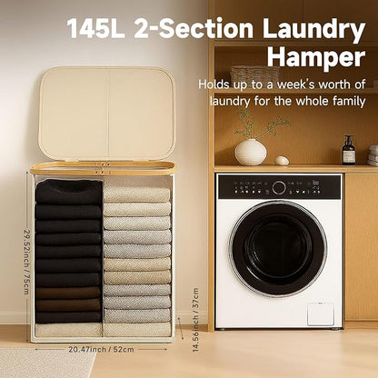 145L Double Laundry Basket with Lid, 2 Section Dirty Clothes Hamper with 2 Removable Bags for Bedroom, Bathroom, Dorm, Beige