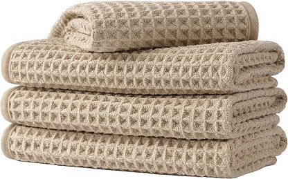 Microfiber Waffle Face Towels, 4 Pieces, Soft, Absorbent, Fast Drying, Lint Free (Beige)