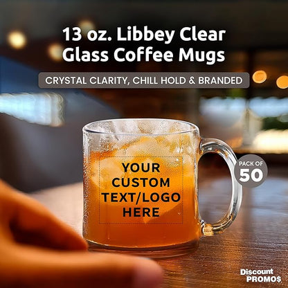 Custom Libbey Clear Glass Coffee Mugs 13 oz. Set of 50, Personalized Bulk Pack - Perfect for Coffee, Tea, Espresso, Hot Cocoa, Other Beverages - Black Bottom