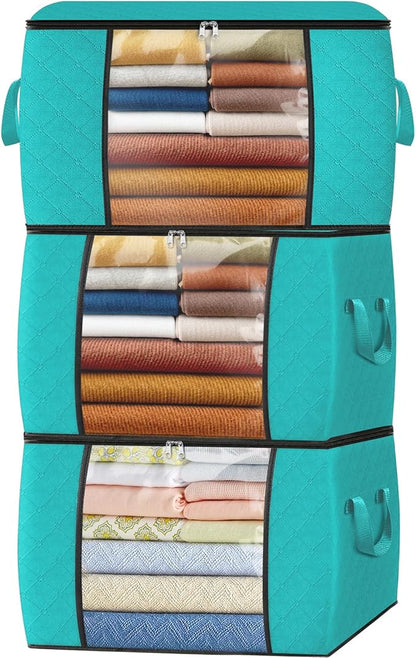 Fab totes 24 Gallons Clothes Storage, Foldable Thick Fabric Blanket Storage Bags, Containers for Organizing Bedroom, Closet, Clothing, Comforter, Organization with Handle (3 Pack,Green)