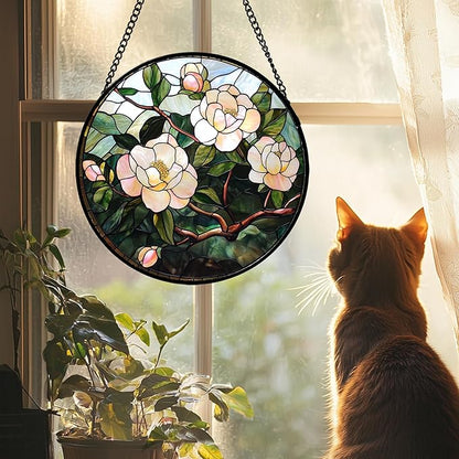 Stained Glass Suncatcher, Light Pink Flowers Green Leaf Sun Catcher Plant Stain Glass Window Hanging Decoration Mother's Day Birthday Gifts for Women Men Mom Nana 9.8 in