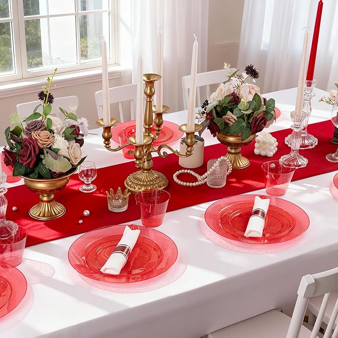 DaYammi 350 Pieces Red Glitter Dinnerware Set 50 Guest for Christmas Party- 50 Dinner Plates, 50 Dessert Plates -50 Per Rolled Napkins with Red Cutlery - 50 Disposable Cups 9 OZ