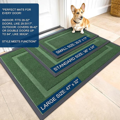 OLANLY Front Door Mat Indoor Outdoor Entrance, Waterproof All-Season, All-Weather Doormat, Sturdy Natural Rubber, Fade Resistant, Low Profile, Easy Clean Patio Porch Entryway Mat, 47x24, Green