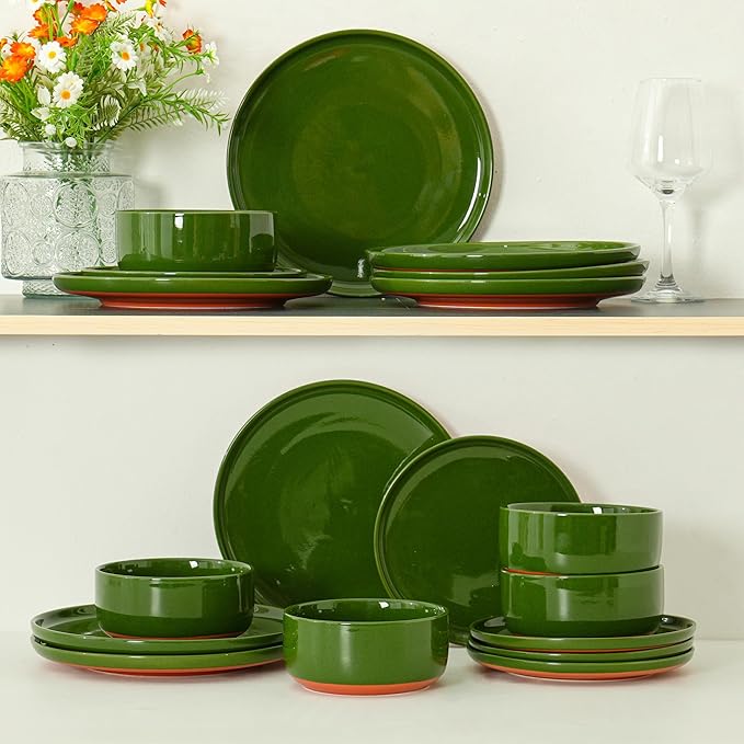 Stoneware Cereal and Soup Bowls Set of 4, 6-Inch Dual Glaze Ceramic Bowls for Breakfast & Oatmeal, Microwave and Dishwasher Safe, Forest Glaze Green