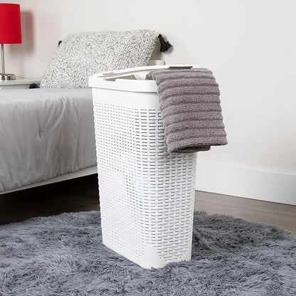 Mind Reader Slim Laundry Hamper with Lid, 40L Clothes Basket, Premium Wicker Design, Plastic, Set of 2, White