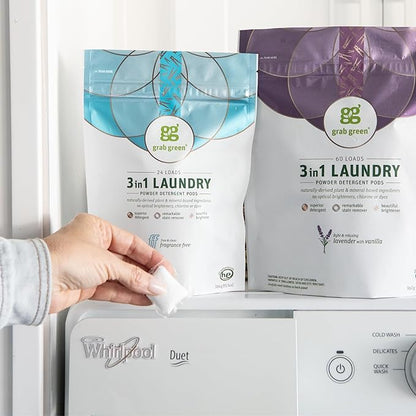Grab Green 3-in-1 Laundry Detergent Pods, 24 Count, Lavender Vanilla Scent, Plant and Mineral Based, Superior Cleaning Power, Stain Remover, Brightens Clothes