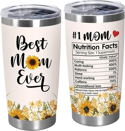 TEEZWONDER Christmas Birthday Gifts for Mom from Daughter Son - #1 Nutrition Facts Sunflower Stainless Steel Insulated Coffee Tumbler with Lid 20 oz - Mothers Birthday Gifts for Mama Grandma Women