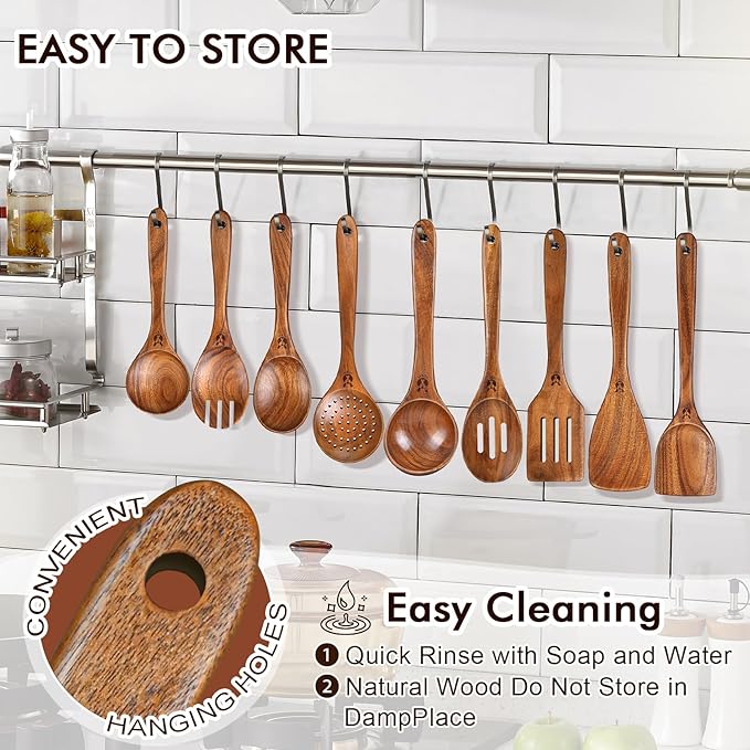 12 Pcs Teak Wooden Utensil Set with Holder & Spoon Rest, Wooden Spoons for Cooking with Comfort Grip, Wooden Cooking Utensils Set for Nonstick Cookware, Lightweight & Heat Resistant Kitchen Utensils