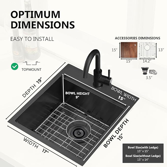 COMLLEN 17x19 Inch Black Drop in Bar Sink, 304 Stainless Steel Utility Kitchen Workstation,Gunmetal 9 Inch Deep Wet Bar Sink, RV Laundry Prep Kitchen Sinks with Dish Grid & Drain & Cutting Board