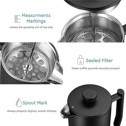 Belwares French Press Coffee Maker 50 OZ - Large Insulated Stainless Steel 304 Coffee Press with Double Wall & 4-Level Filtration System (Black - 1.5L)
