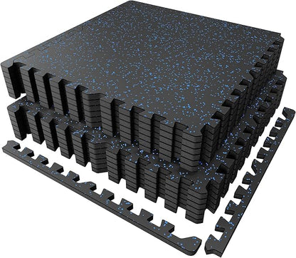 PRAISUN 0.6" Thicker Gym Mat, 12 Tiles 48 Sq Ft Workout Mats, Interlocking Foam Tiles with Rubber Top, High Density EVA Foam, Exercise Mat, Gym Flooring for Home Gym, Garage, 24 x 24in, Black/Blue